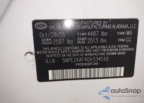 2016 Hyundai Sonata Se z USA, uszkodzony, nr VIN 5NPE24AF4GH334510